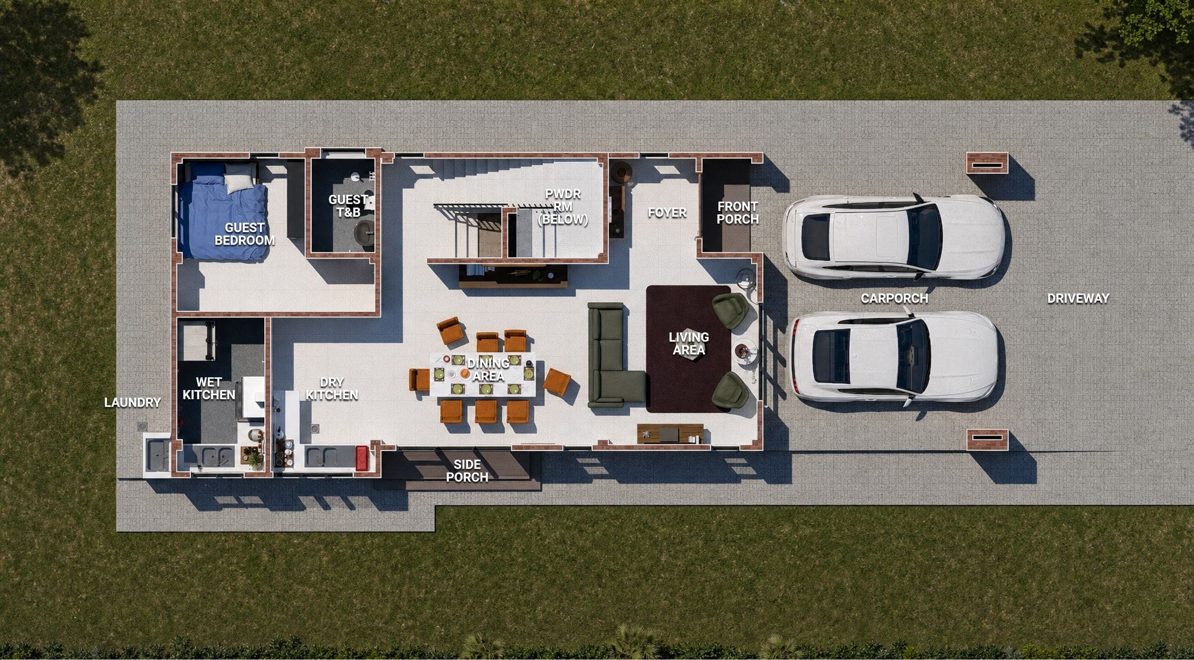 Rendered ground floor plan of a typical house with carporch, living area, dining area, kitchens and guest bedroom (artist's impression)