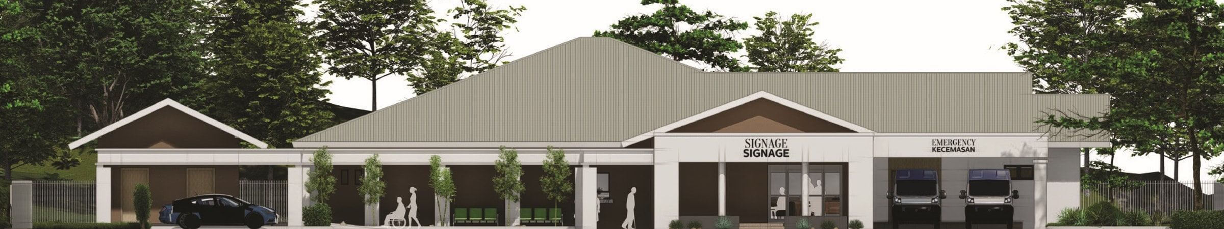 Front elevation of the RBPF Clinic showing the gabled entrance, covered walkway and emergency bay (artist's impression)