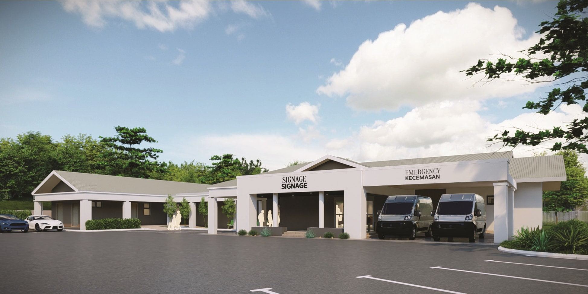 Front of the RBPF Clinic with its covered entrance and emergency bay, seen from the car park (artist's impression)