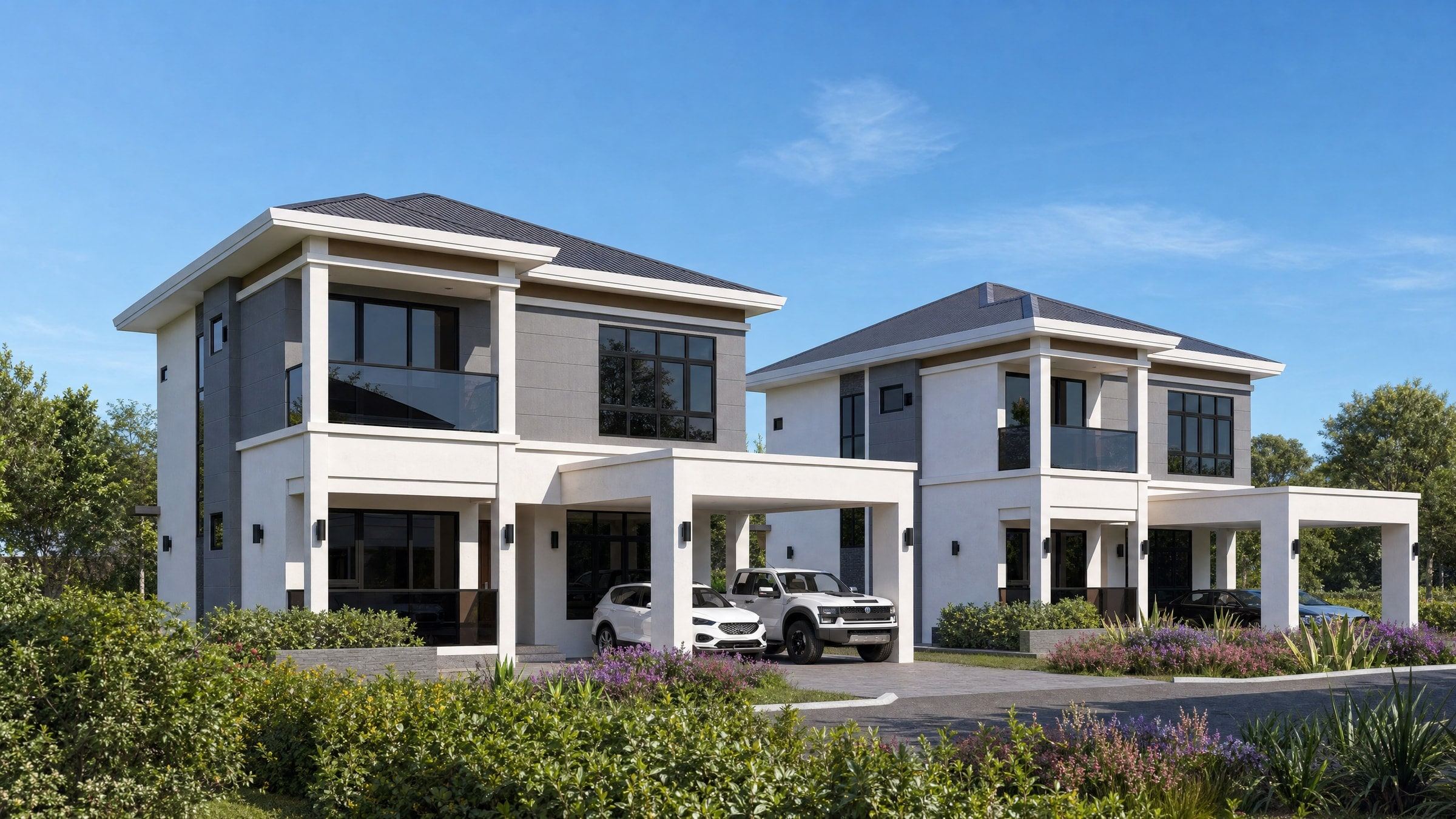 Two of the three detached houses at Kg Beribi seen from the driveway, with carports and planted frontages (artist's impression)