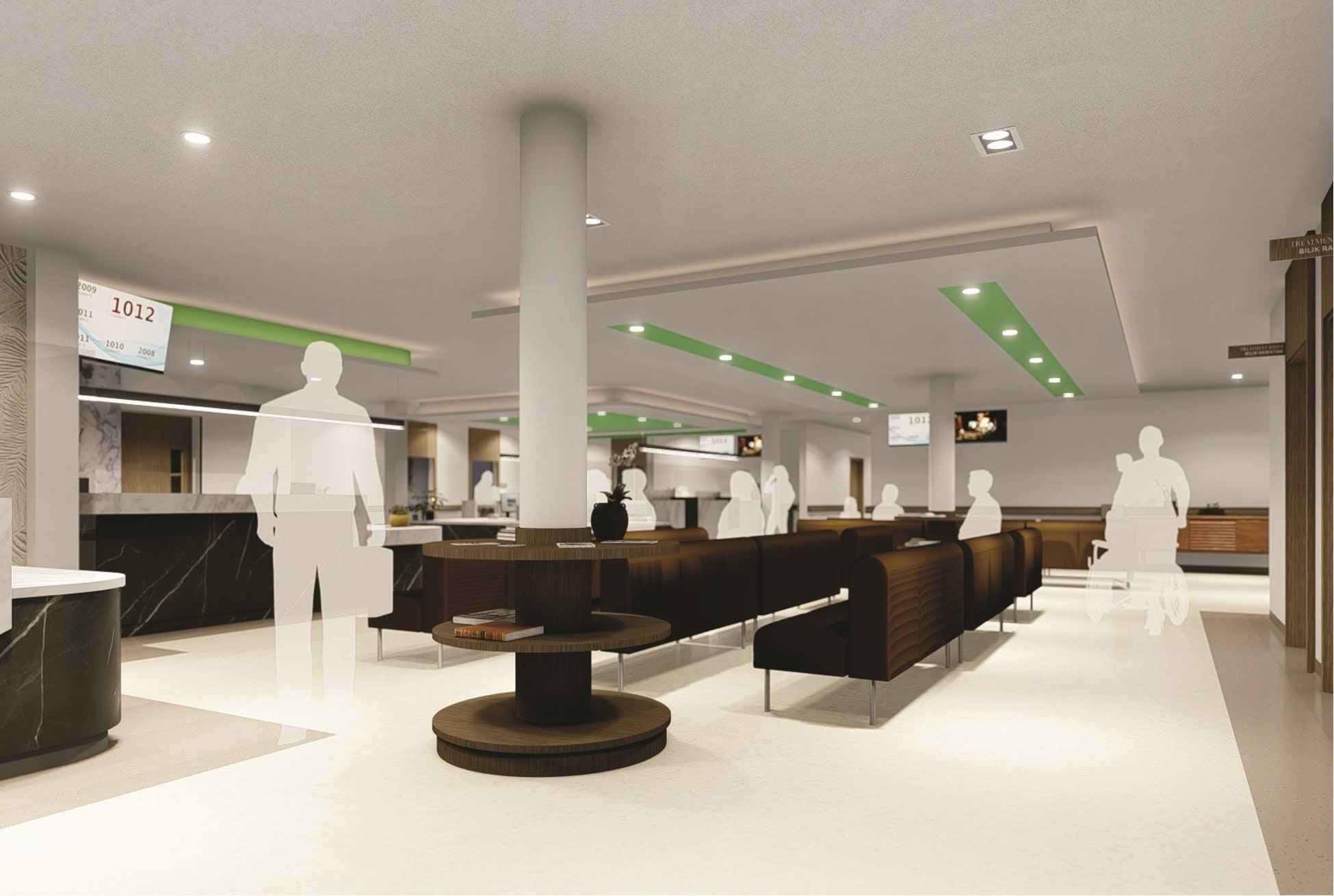 Waiting area of the RBPF Clinic with fixed seating around a central column (artist's impression)